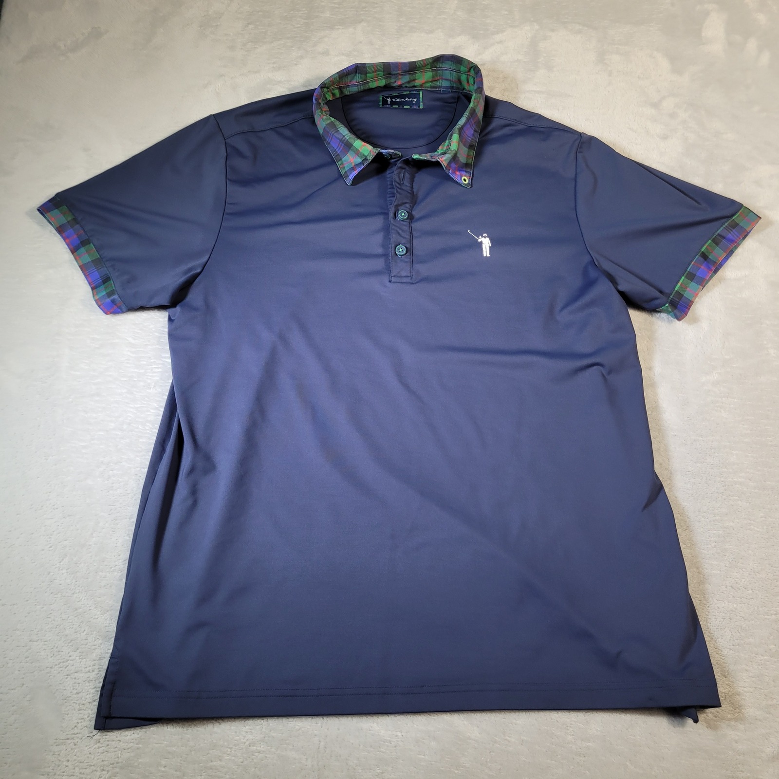 William Murray Golf Polo Mens Large Navy Blue Plaid Collar Performance Shirt